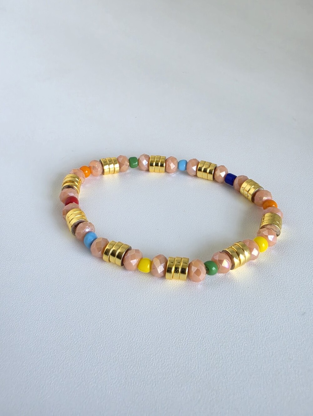Handmade Stretch Beaded Bracelet Multicolor Gold Tone Boho Stackable Elastic